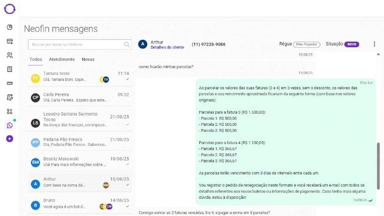 Interface WhatsApp Neofin