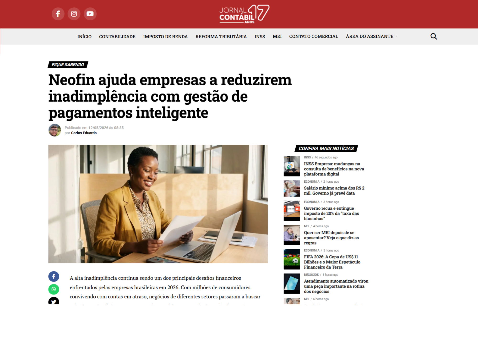 Destaque no Jornal Contábil: Neofin ajuda empresas a reduzirem inadimplência com gestão de pagamentos inteligente
