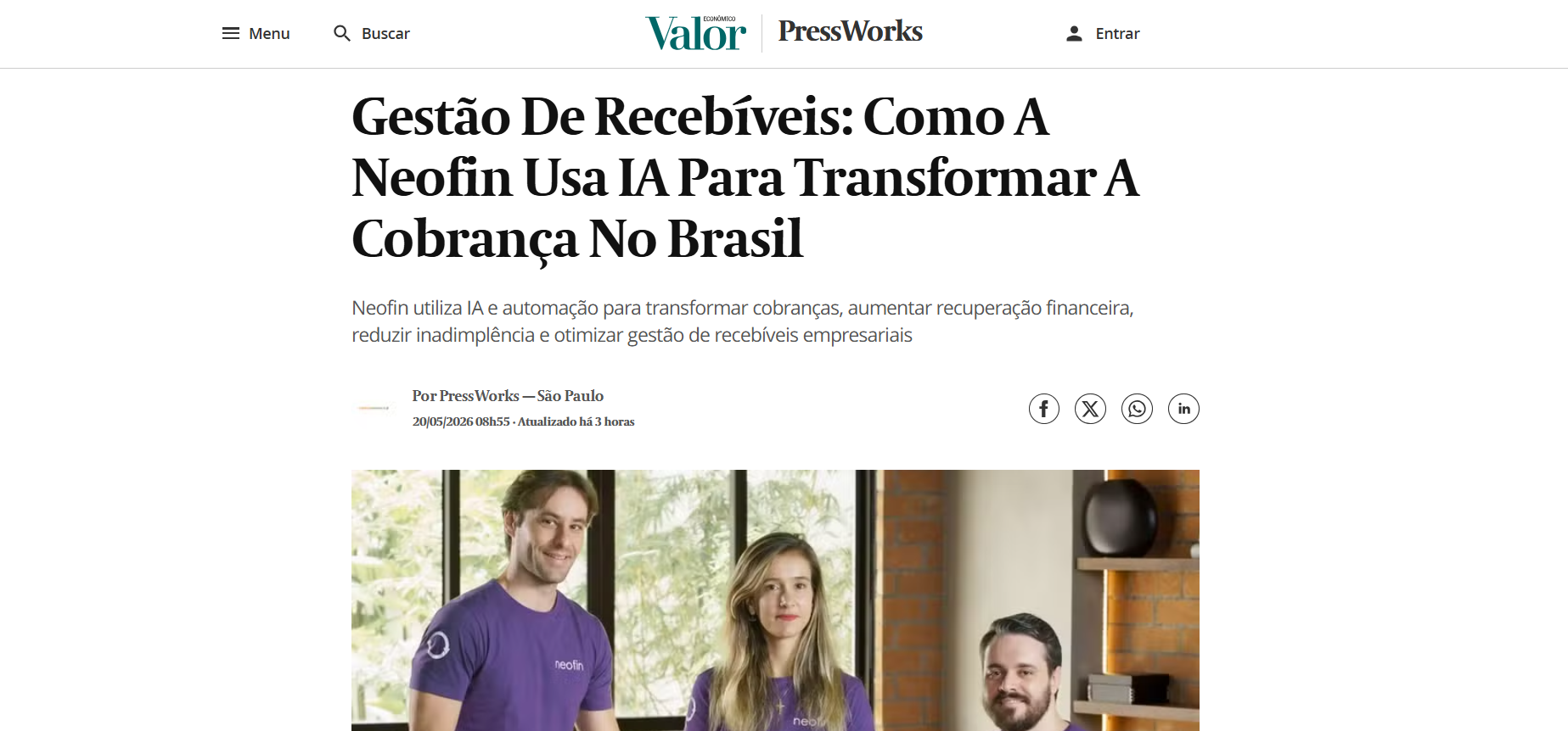 Destaque no Valor Econômico: Gestão De Recebíveis – Como A Neofin Usa IA Para Transformar A Cobrança No Brasil