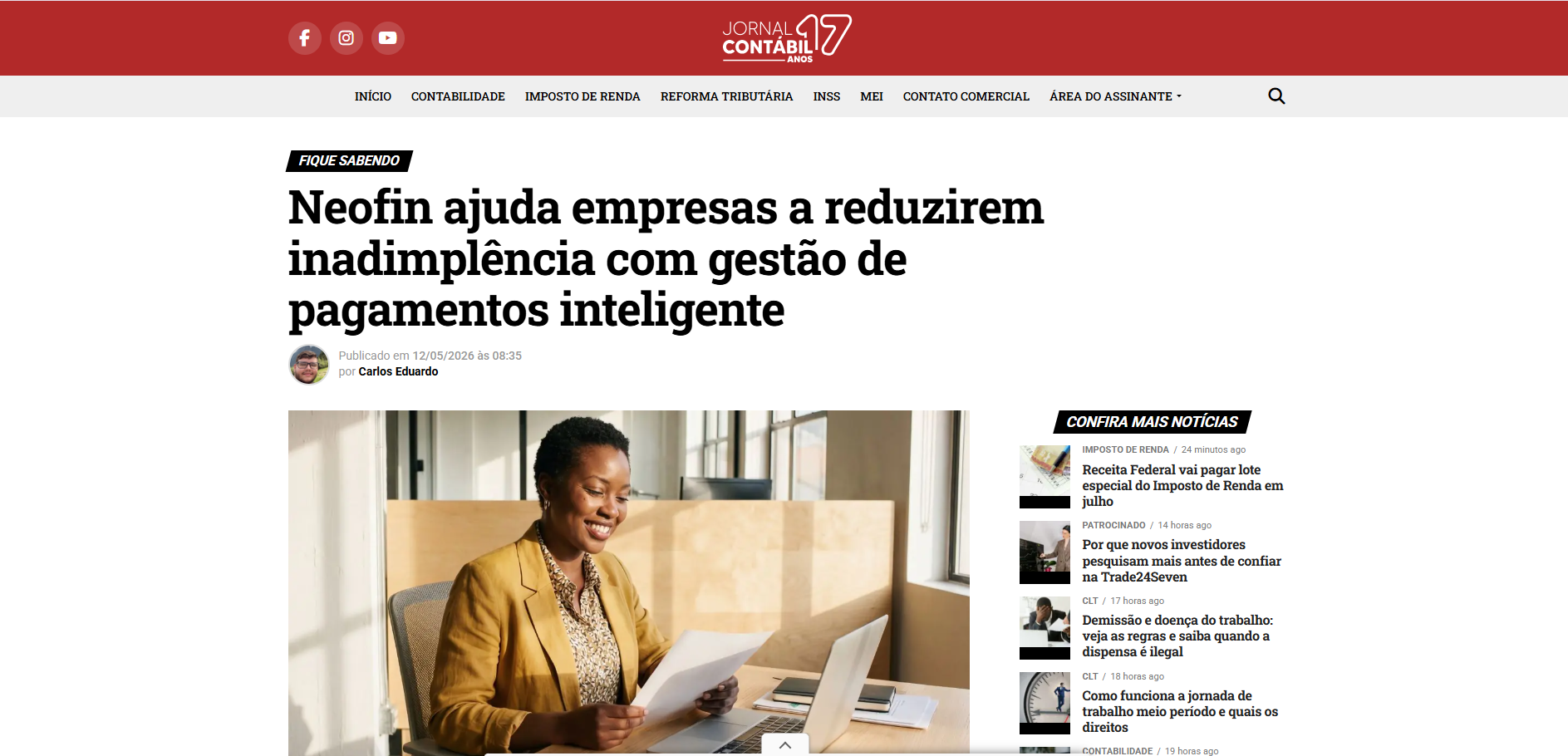 Destaque no Jornal Contábil: Neofin ajuda empresas a reduzirem inadimplência com gestão de pagamentos inteligente