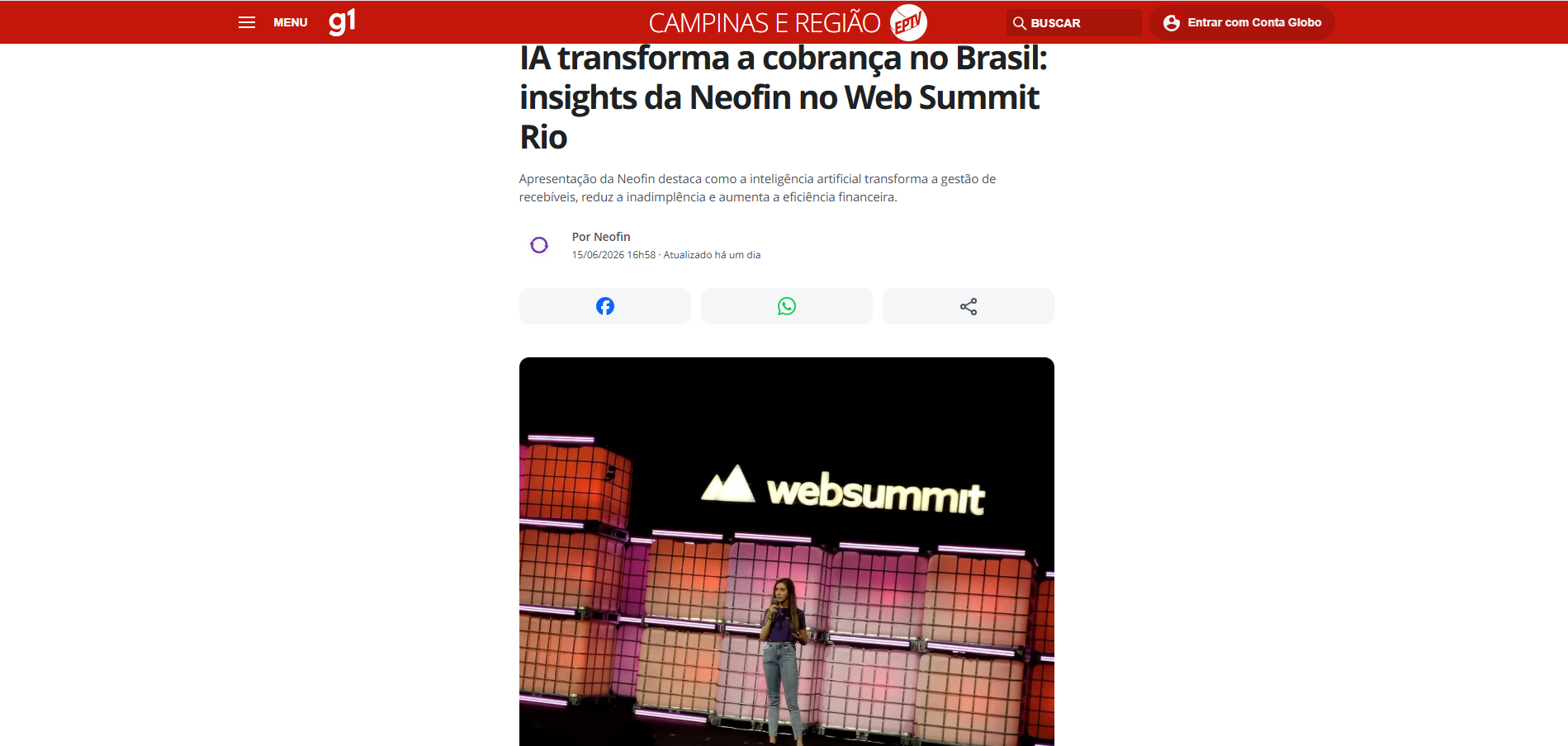 Destaque no G1: IA transforma a cobrança no Brasil: insights da Neofin no Web Summit Rio