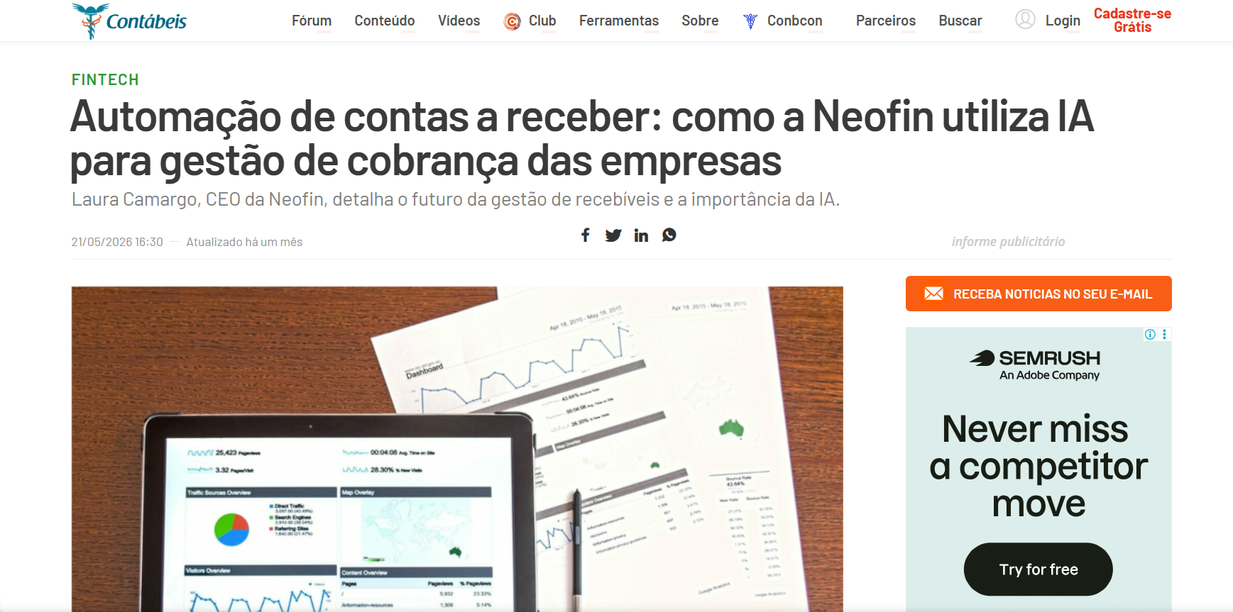 Destaque no Jornal Contábeis: como a Neofin utiliza IA para gestão de cobrança das empresas