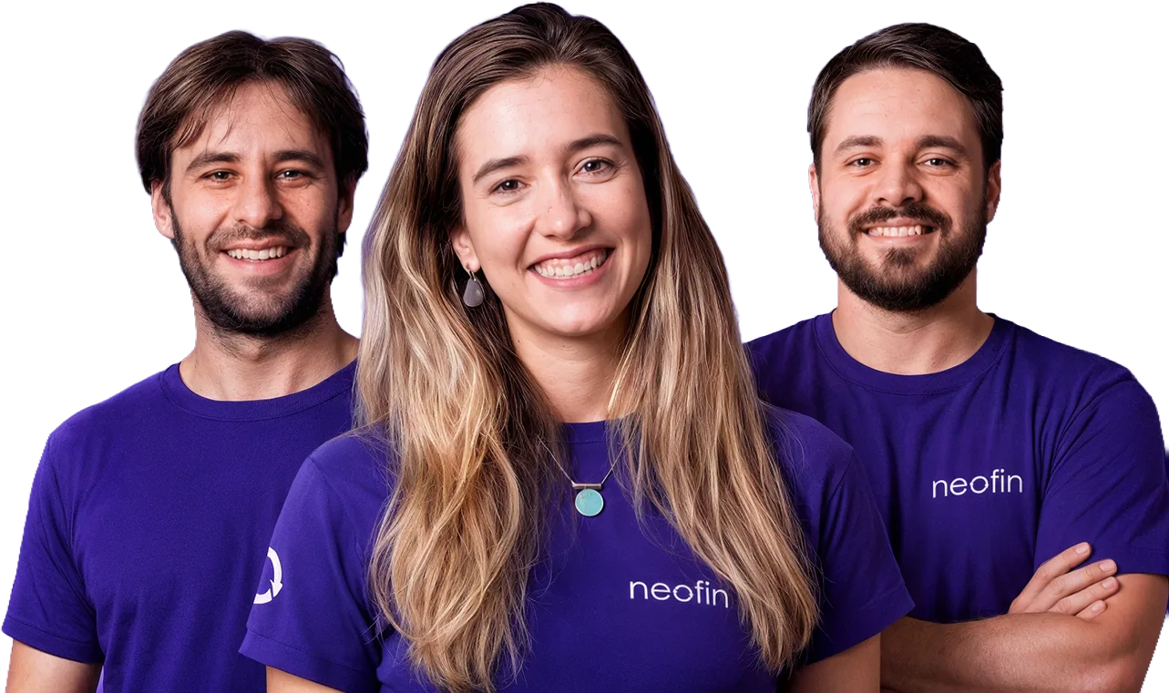 Fundadores da Neofin: Leandro Sarmento (CTO), Laura Camargo (CEO) e Arthur Cunha (CFO)